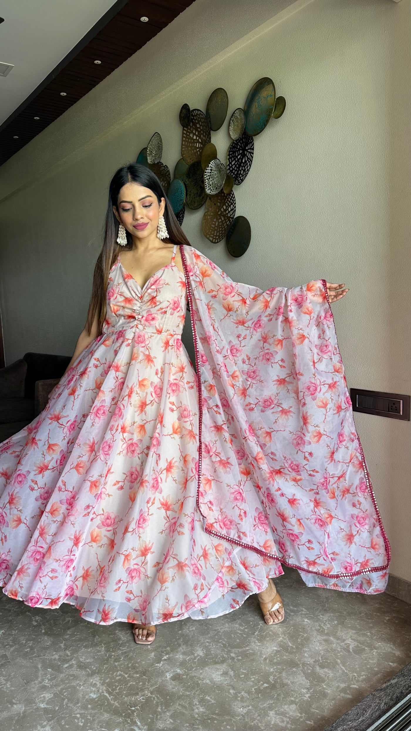 VIJAYA PATEL IN BEIGE FLORAL ORGANZA SET