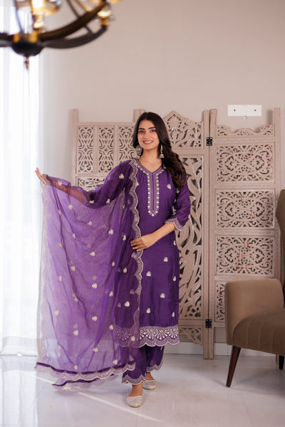 BRINJAL CHANDERI SUIT SET