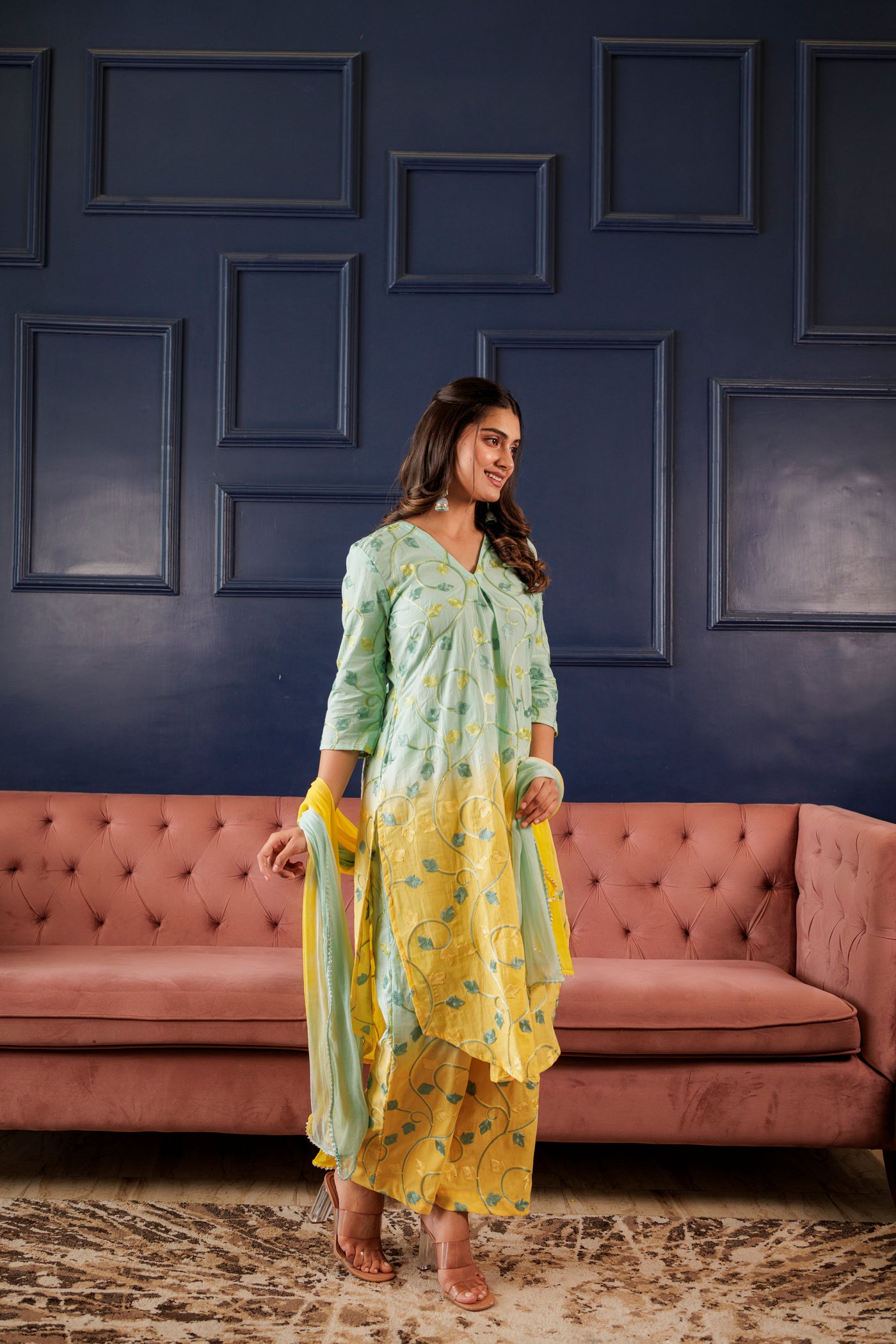 SUNAIRA GREEN SHADED SUIT SET