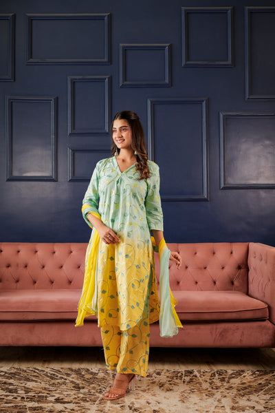 SUNAIRA GREEN SHADED SUIT SET