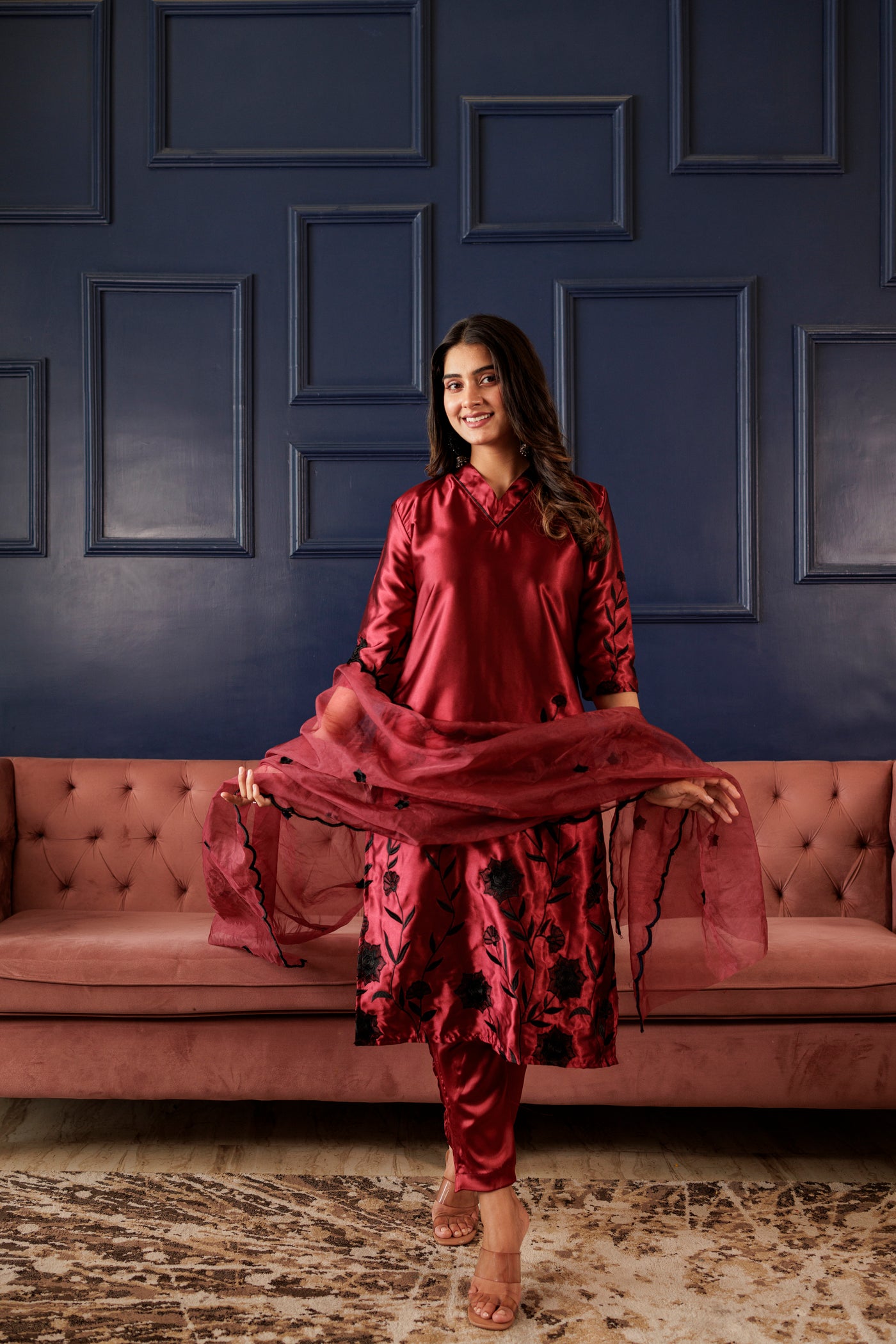 WINE SUNAIRA SATIN SUIT SET