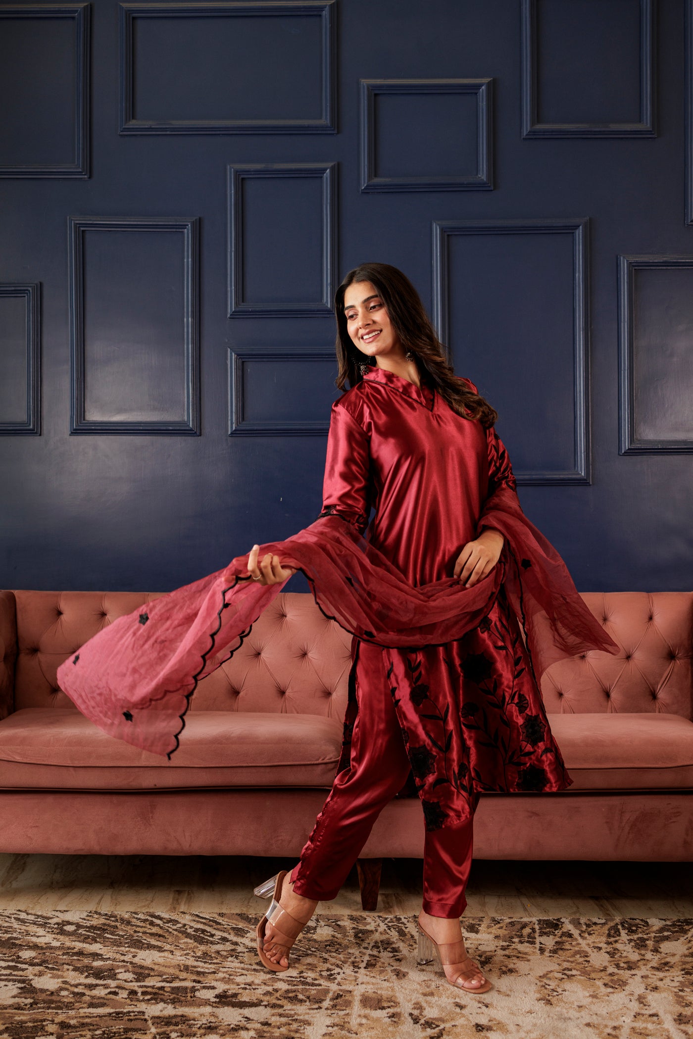 WINE SUNAIRA SATIN SUIT SET