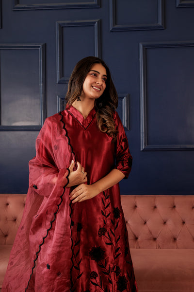 WINE SUNAIRA SATIN SUIT SET