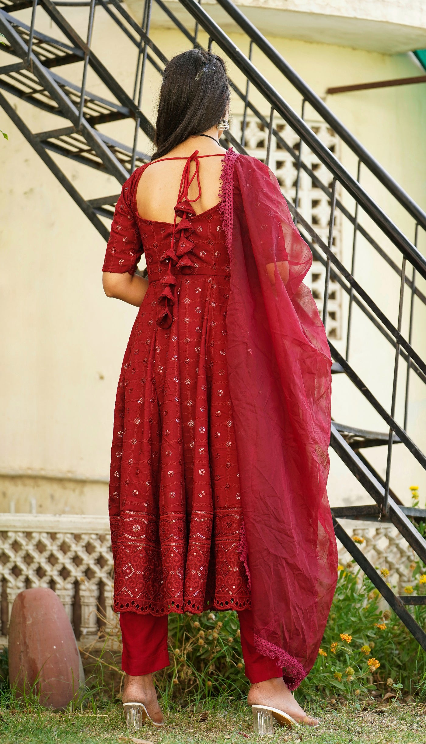 VERMILION CHIKANKARI SUIT SET