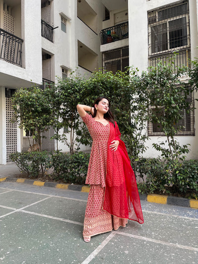 RED CHIKANKARI SHARARA SET