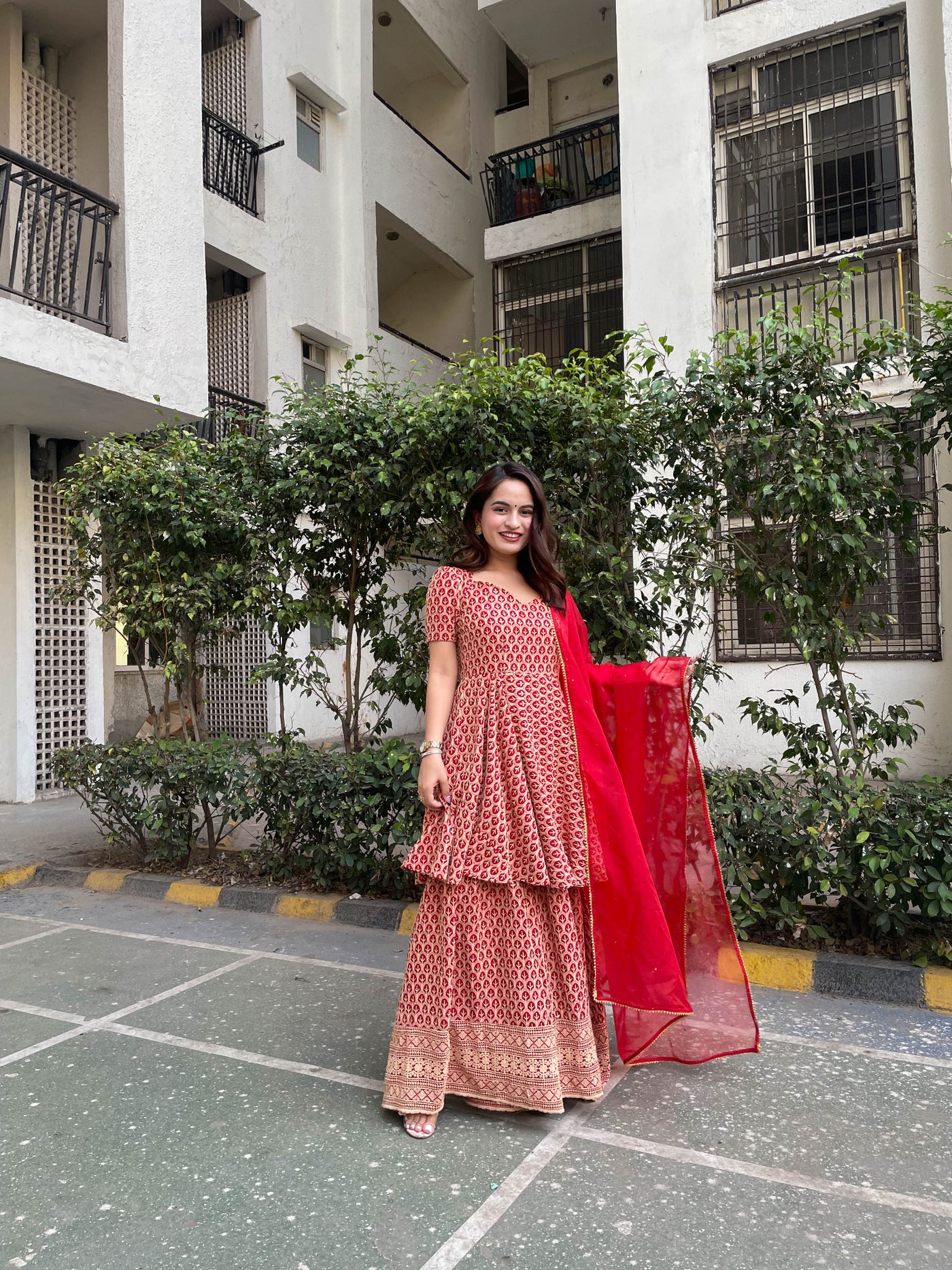 RED CHIKANKARI SHARARA SET