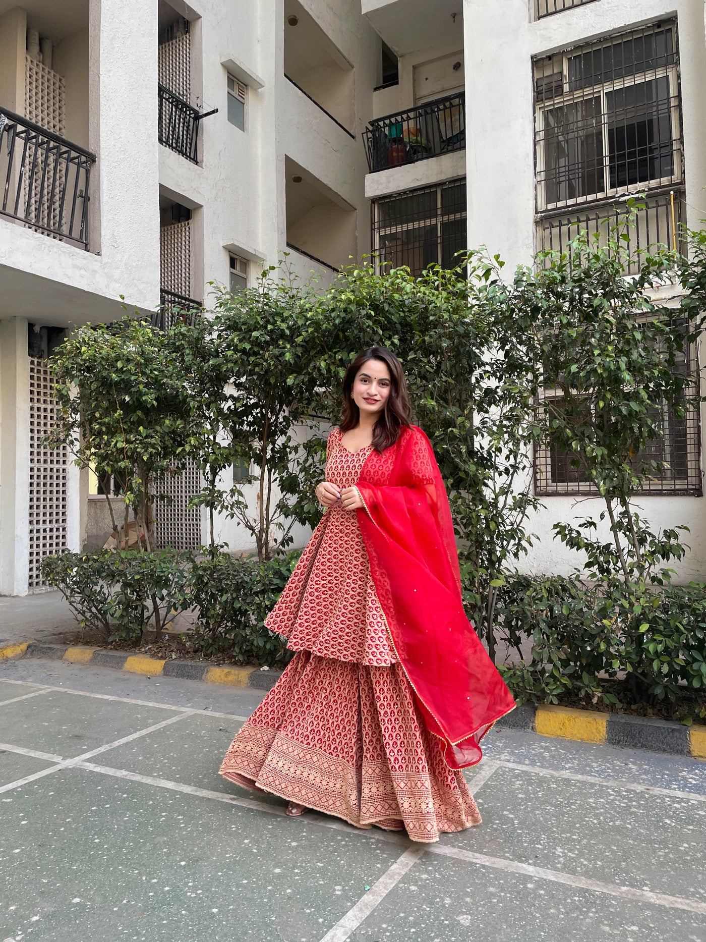 RED CHIKANKARI SHARARA SET